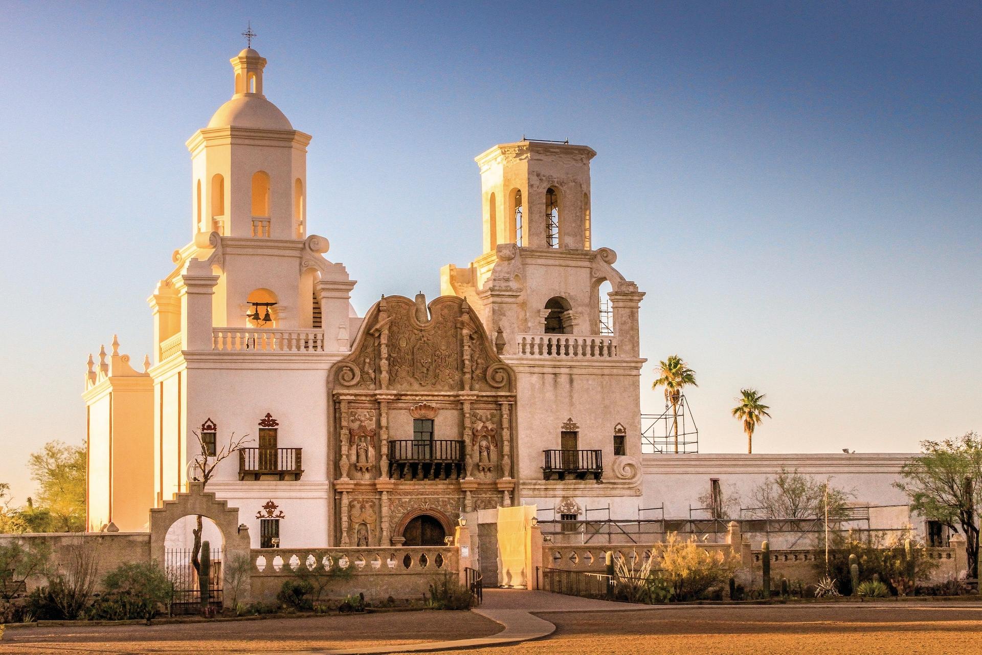 The facade of the Spanish style mission