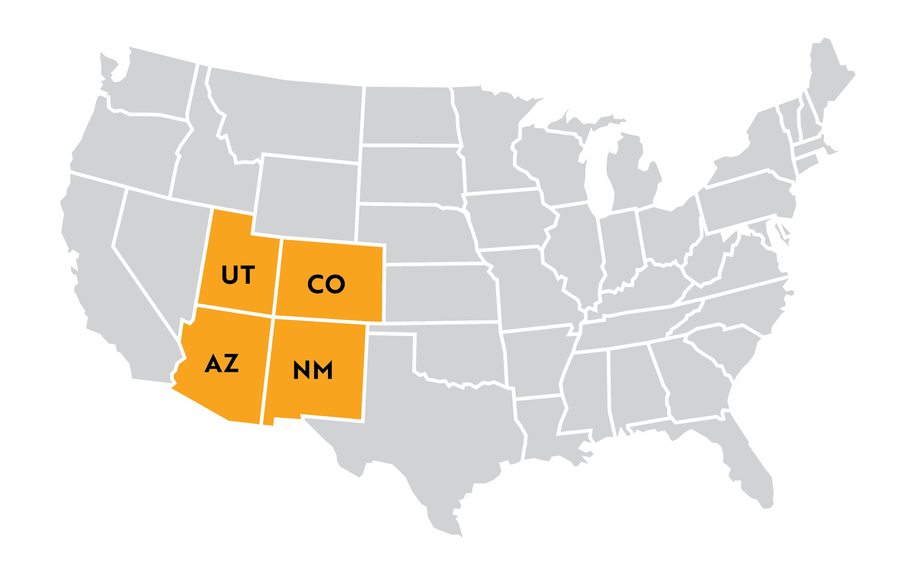 A map of the United States with the 4 Corner States highlighted in orange